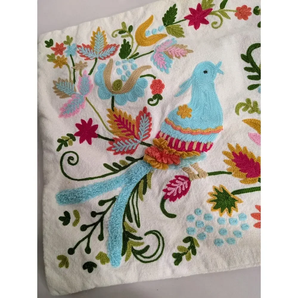 Embroidered Pillow Cover Folk Art Bird Floral Lumbar White Cream 22x14